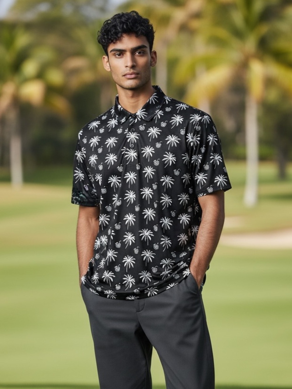 Full Wedge Golf Shirt Mens 2XL Black Palm Tree Pineapple Performance Polo